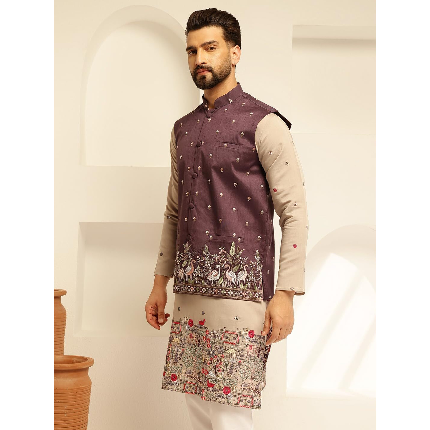Sojanya (Since 1958 Men's Silk Blend Exquisite Daman Embroidered Wine Nehru Jacket