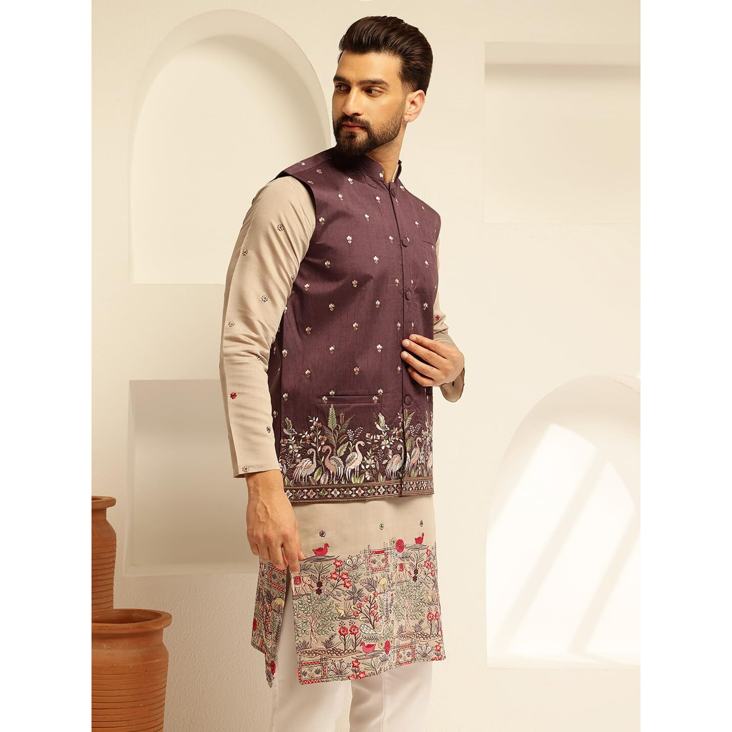 Sojanya (Since 1958 Men's Silk Blend Exquisite Daman Embroidered Wine Nehru Jacket