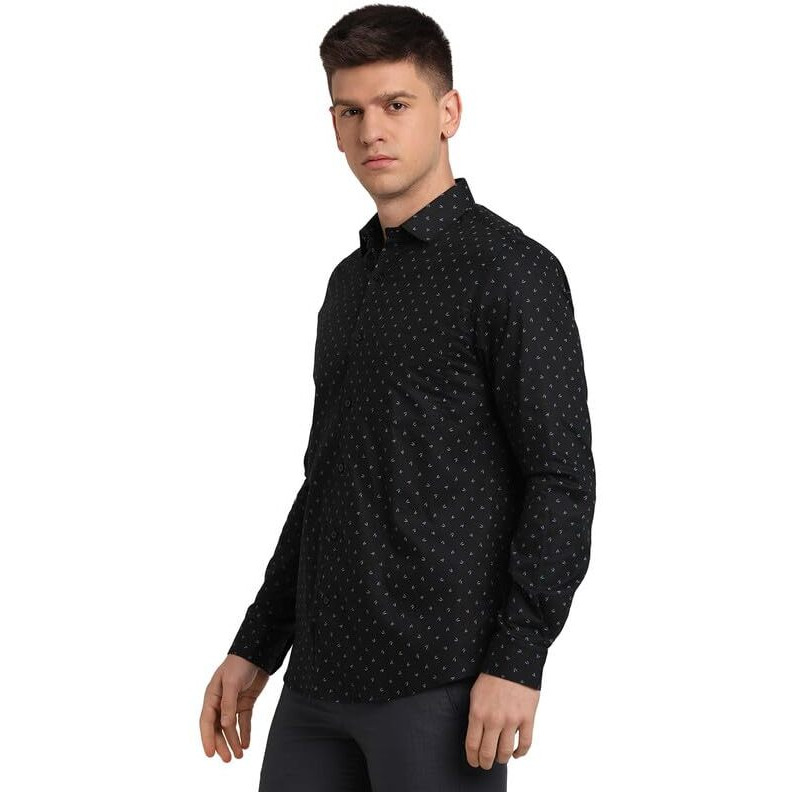 Turtle Men 100% Cotton Black Printed Slim Fit Full Sleeve Formal Shirt
