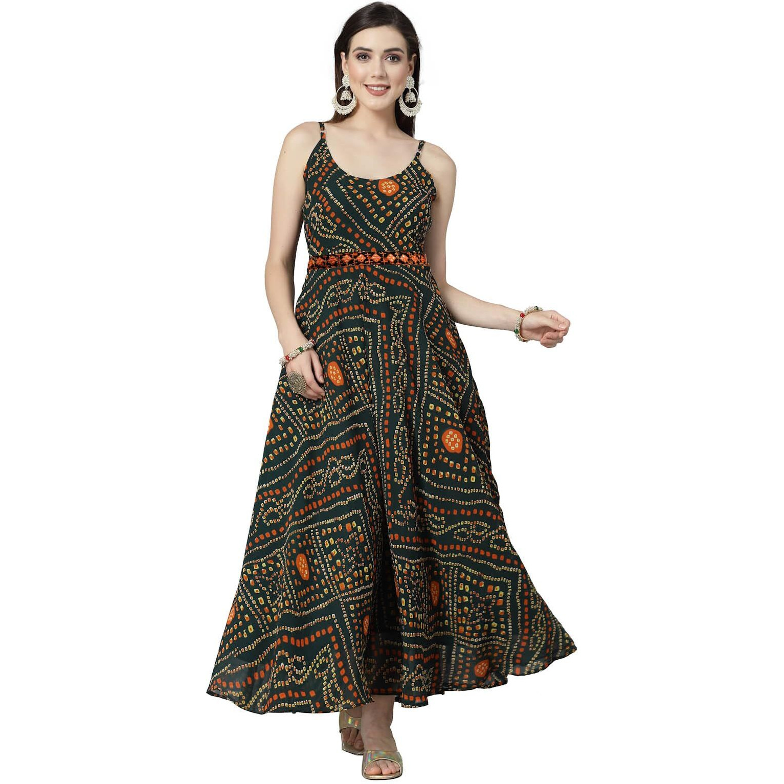 Stylum Women's Bandhej Printed Georgette Flared Long Kurta Green