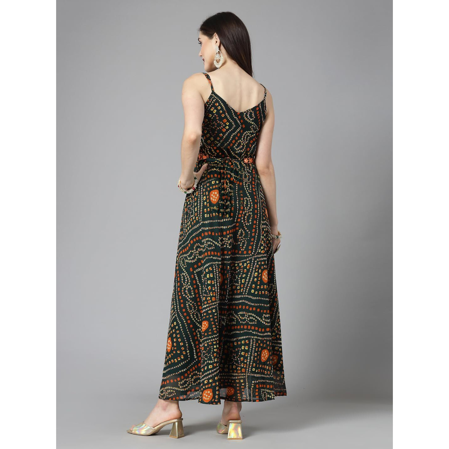 Stylum Women's Bandhej Printed Georgette Flared Long Kurta Green