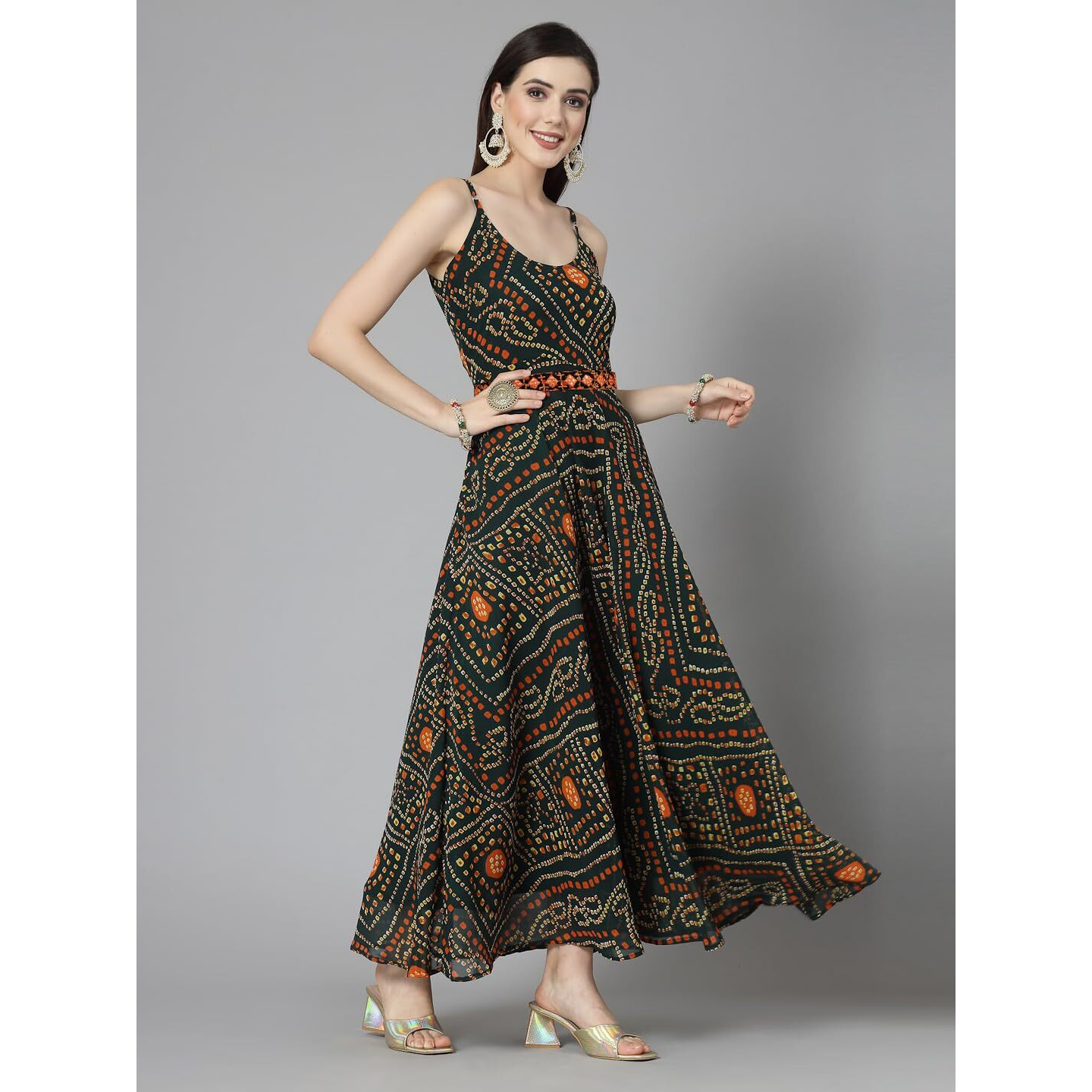 Stylum Women's Bandhej Printed Georgette Flared Long Kurta Green