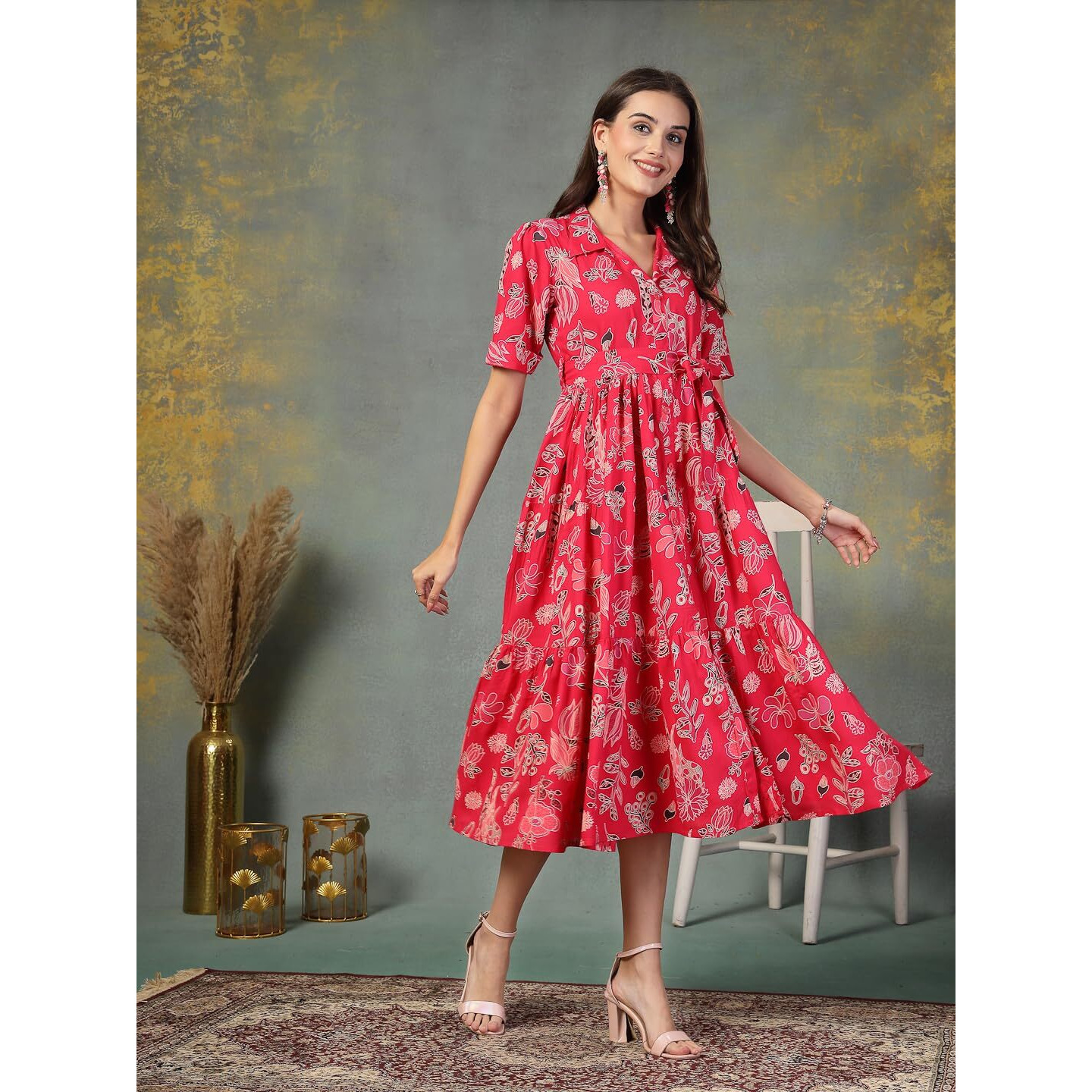 Stylum Women's Pink Tropical Printed Rayon Tiered Dress