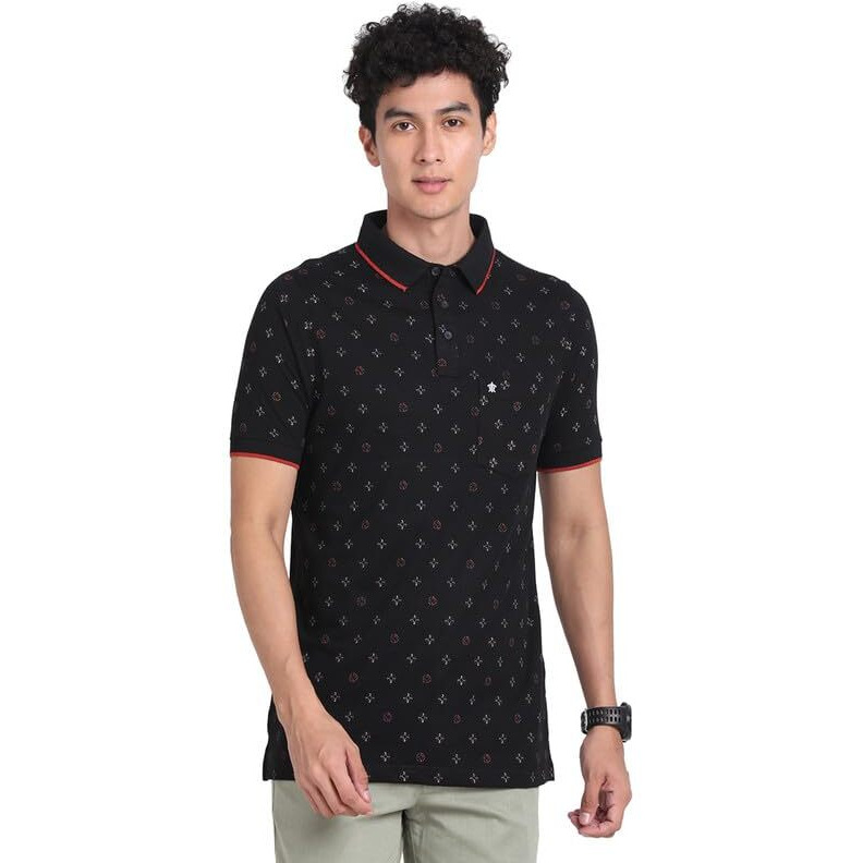 Turtle Men 100% Cotton Black Half Sleeve Casual Printed Polo Tshirt