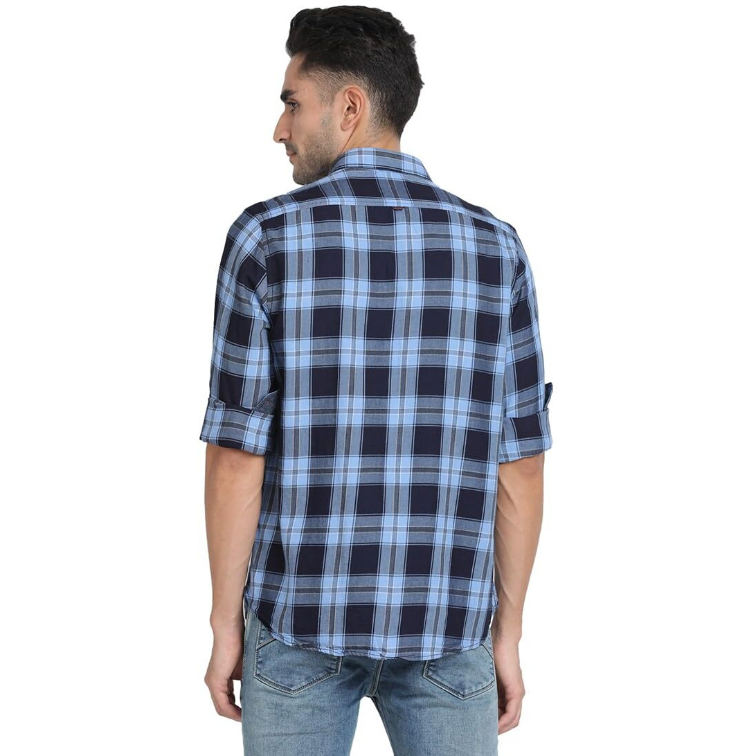 Turtle Men 100% Cotton Indigo Blue Check Slim Fit Casual Shirt