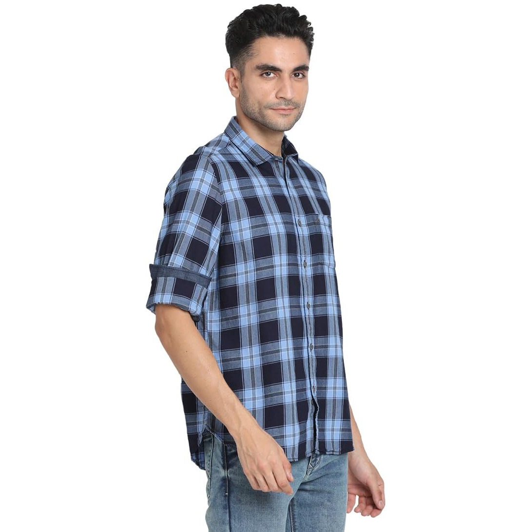 Turtle Men 100% Cotton Indigo Blue Check Slim Fit Casual Shirt