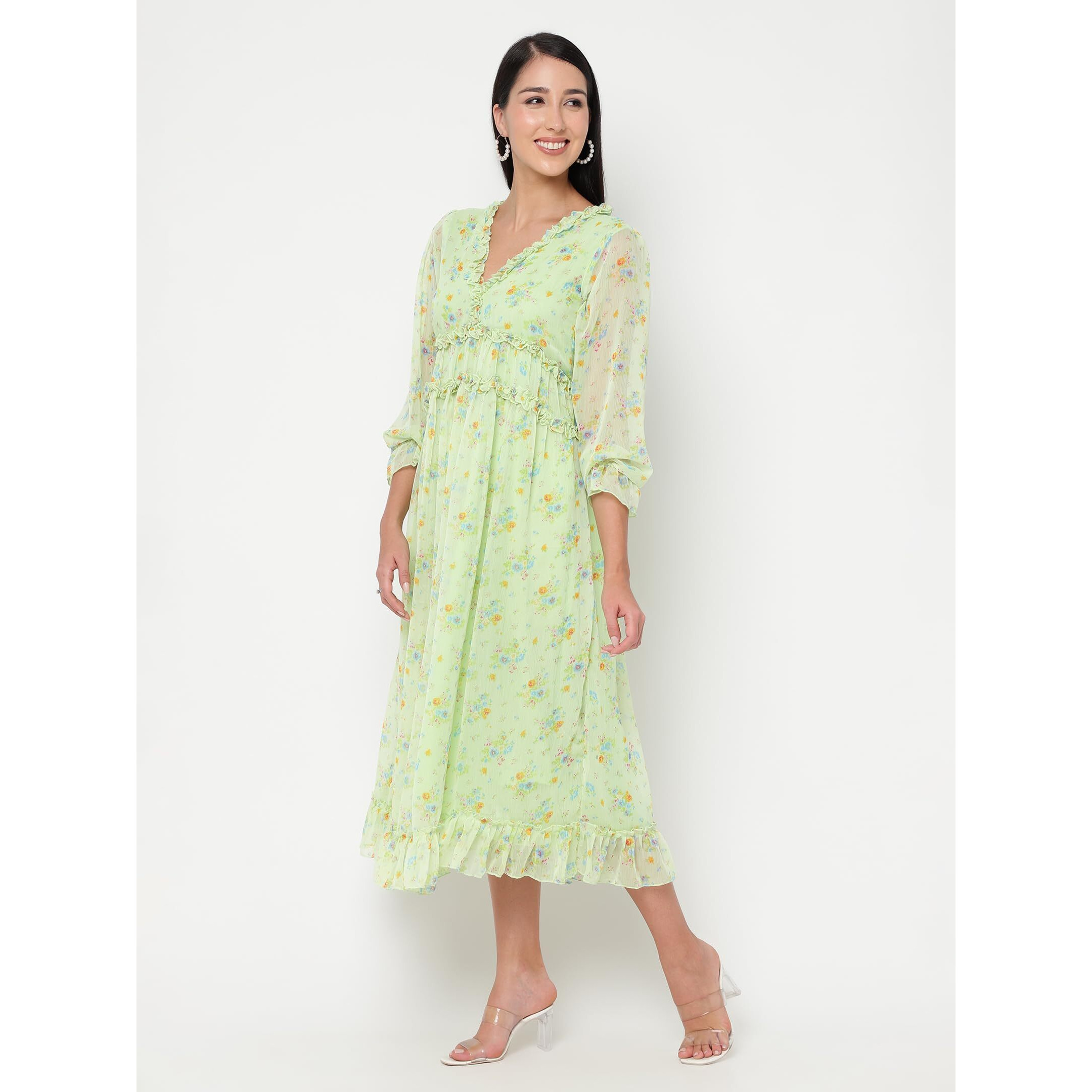 Sugathari Chiffon Green Ditsy Floral Deep V-Neck Ruffle Hem Western Dresses For Women (Dress2 88 Green S)
