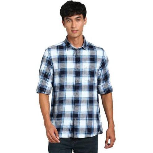 Turtle Men 100% Cotton Indigo Blue Check Slim Fit Casual Shirt