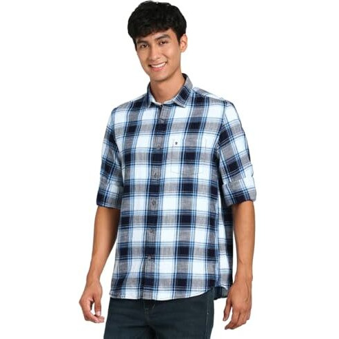 Turtle Men 100% Cotton Indigo Blue Check Slim Fit Casual Shirt
