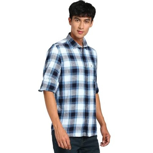 Turtle Men 100% Cotton Indigo Blue Check Slim Fit Casual Shirt