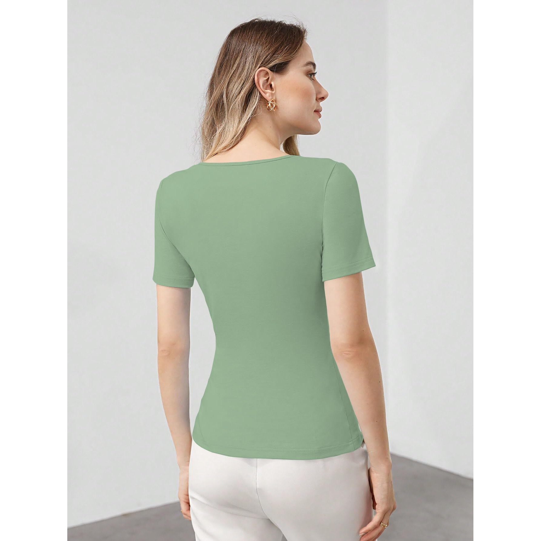 Sugathari Women's & Girl's Mint Green Solid Knitted Square Neck T-Shirts Short Sleeve Tops (Top 108 Mint S)