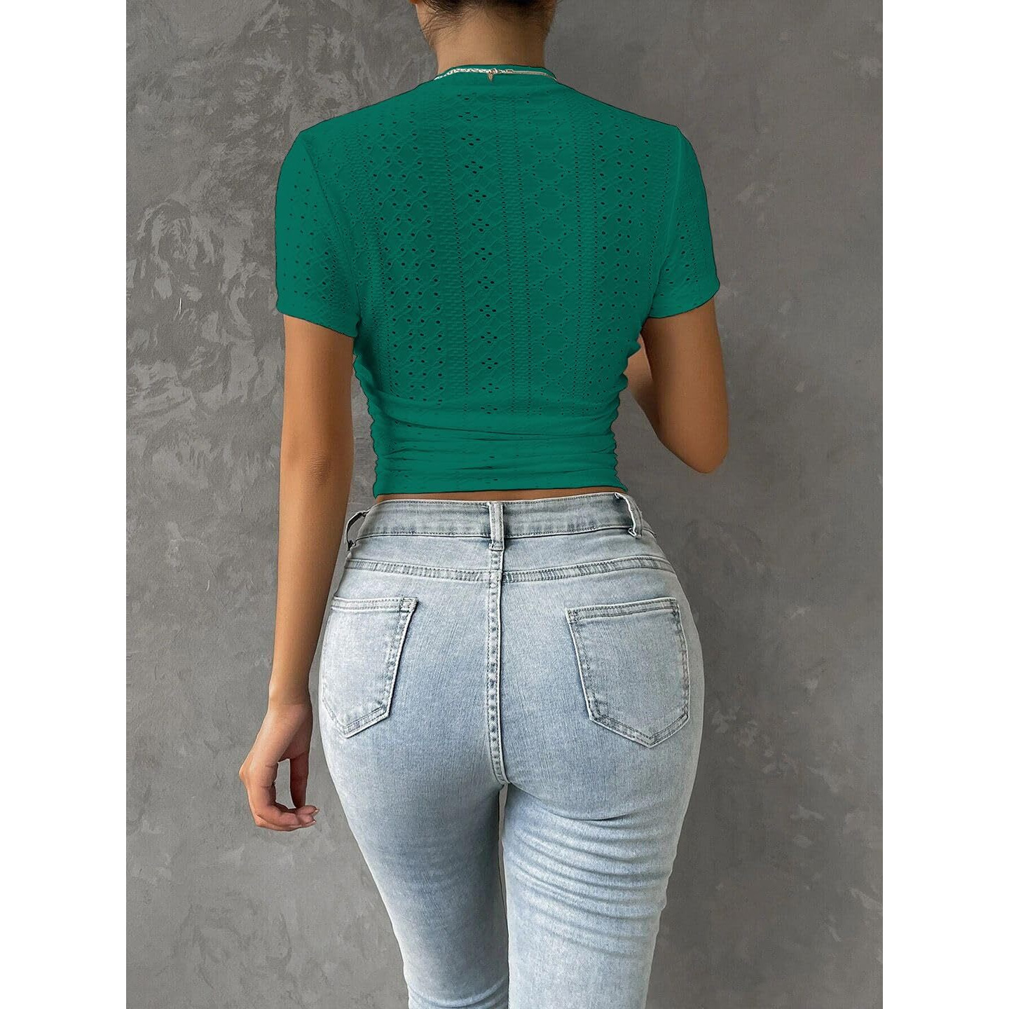 Sugathari Girl's & Women's Green Casual Semitransparent Cropped High-Neck Lace Trim Ladies T-Shirt, Short Sleeve Schiffli Crop Top, Solid Color Tee For Spring/Summer Outfits (Crop Top 199 Green-S)