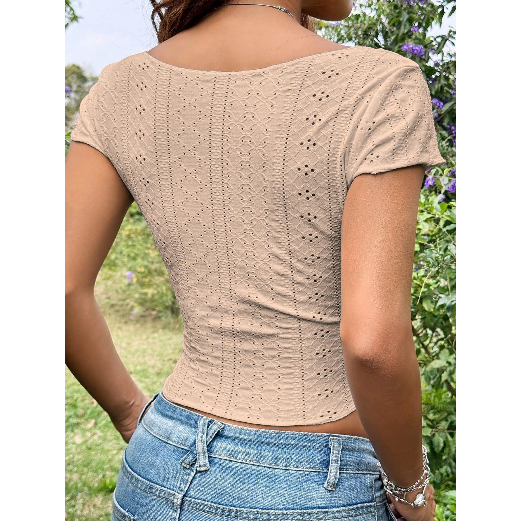Sugathari Girl's & Women's Beige Eyelet Embroidery Knitted Square Neck Casual Slim Fit Women T-Shirt, Short Sleeve Schiffli Crop Top, Solid Color Tee For Spring/Summer Outfits (Crop Top 195 Beige-Xl)