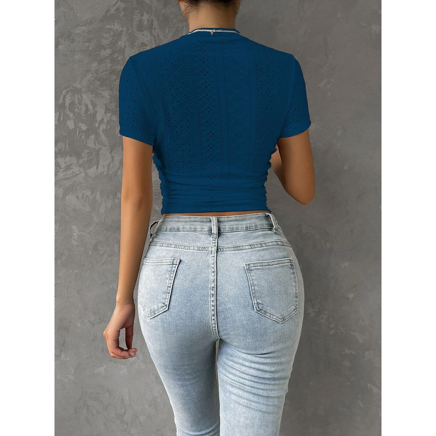 Sugathari Girl's & Women's Indigo Blue Casual Semitransparent Cropped High-Neck Lace Trim Ladies T-Shirt, Short Sleeve Schiffli Crop Top, Solid Tee For Fashionable Outfits (Crop Top 199 Indigo Blue-S)