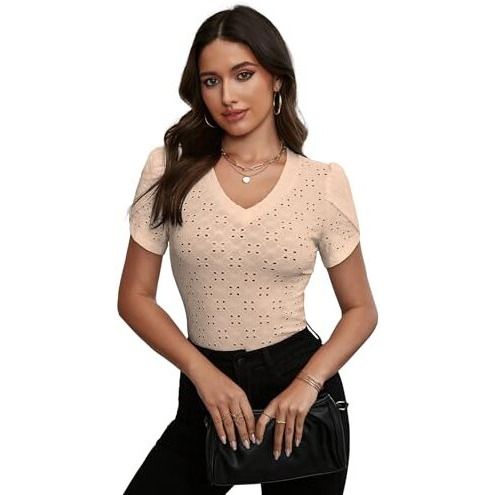 Sugathari Girl's & Women's Beige Eyelet Embroidery Knitted V Neck Casual Slim Fit Women T-Shirt, Short Sleeve Schiffli Crop Top, Solid Color Tee For Spring/Summer Outfits (T-Shirts 202 Beige-Xl)