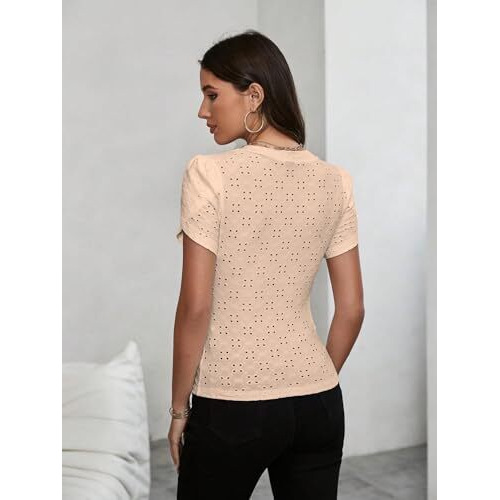 Sugathari Girl's & Women's Beige Eyelet Embroidery Knitted V Neck Casual Slim Fit Women T-Shirt, Short Sleeve Schiffli Crop Top, Solid Color Tee For Spring/Summer Outfits (T-Shirts 202 Beige-Xl)