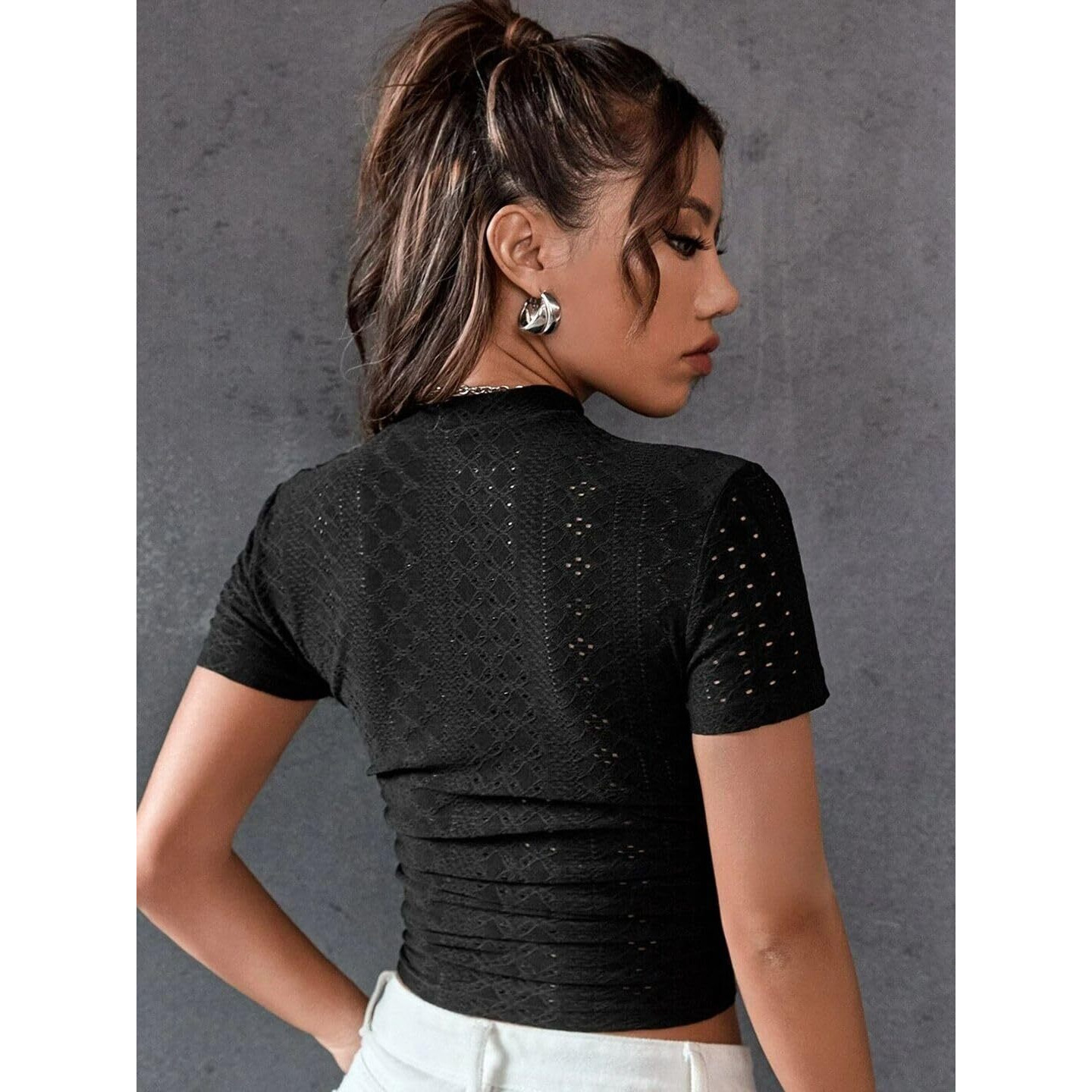 Sugathari Girl's & Women's Black Casual Semitransparent Cropped High-Neck Lace Trim Ladies T-Shirt, Short Sleeve Schiffli Crop Top, Solid Color Tee For Spring/Summer Outfits (Crop Top 199 Black-Xl)