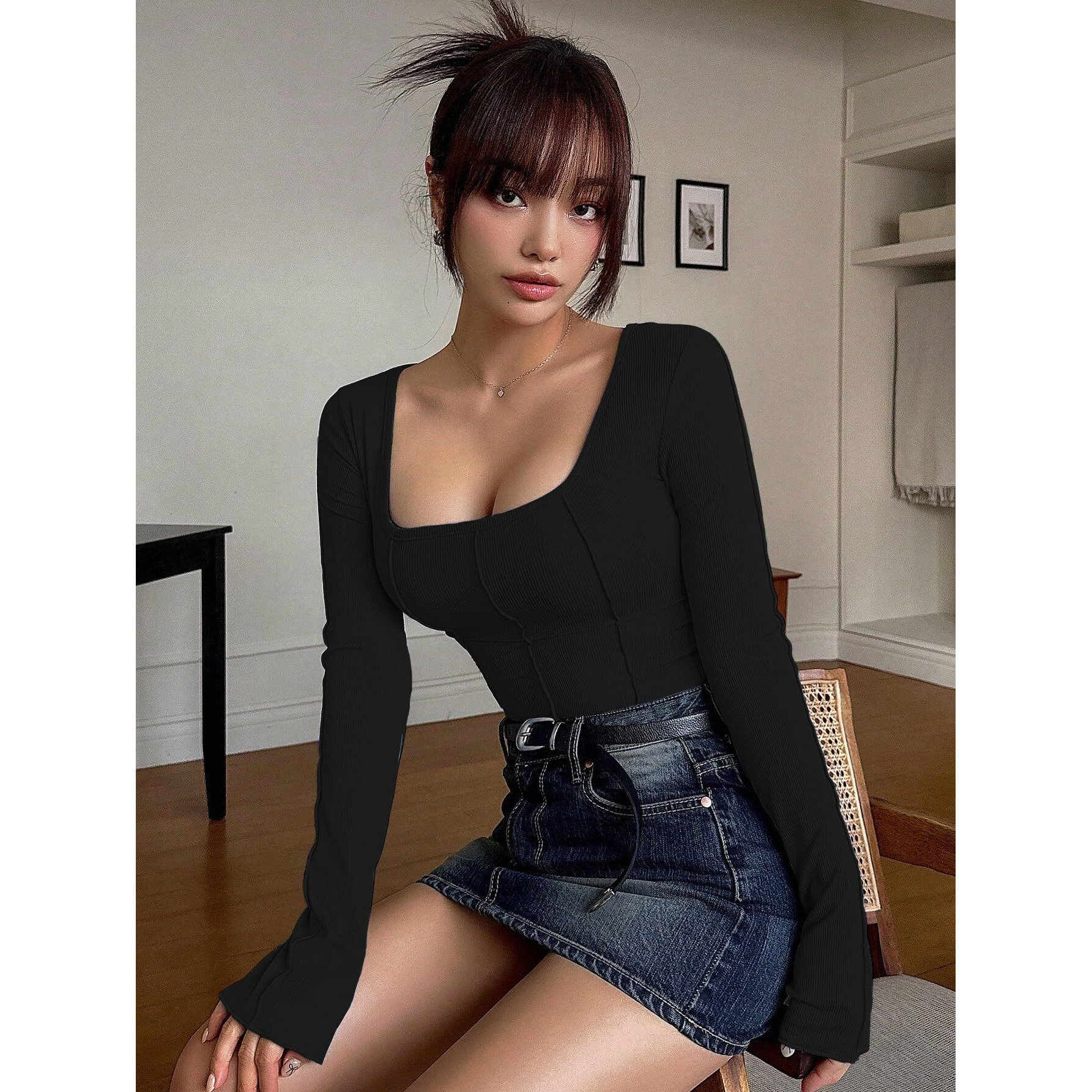 Sugathari Women's Black Solid Long Sleeve Wrap-Style Square Split Crew Neck Bodycon Women T-Shirt Spring And Summer Top, Minimalist And Fashionable For Everyday Casual Wear Tops (T-Shirt 181 Black-L)