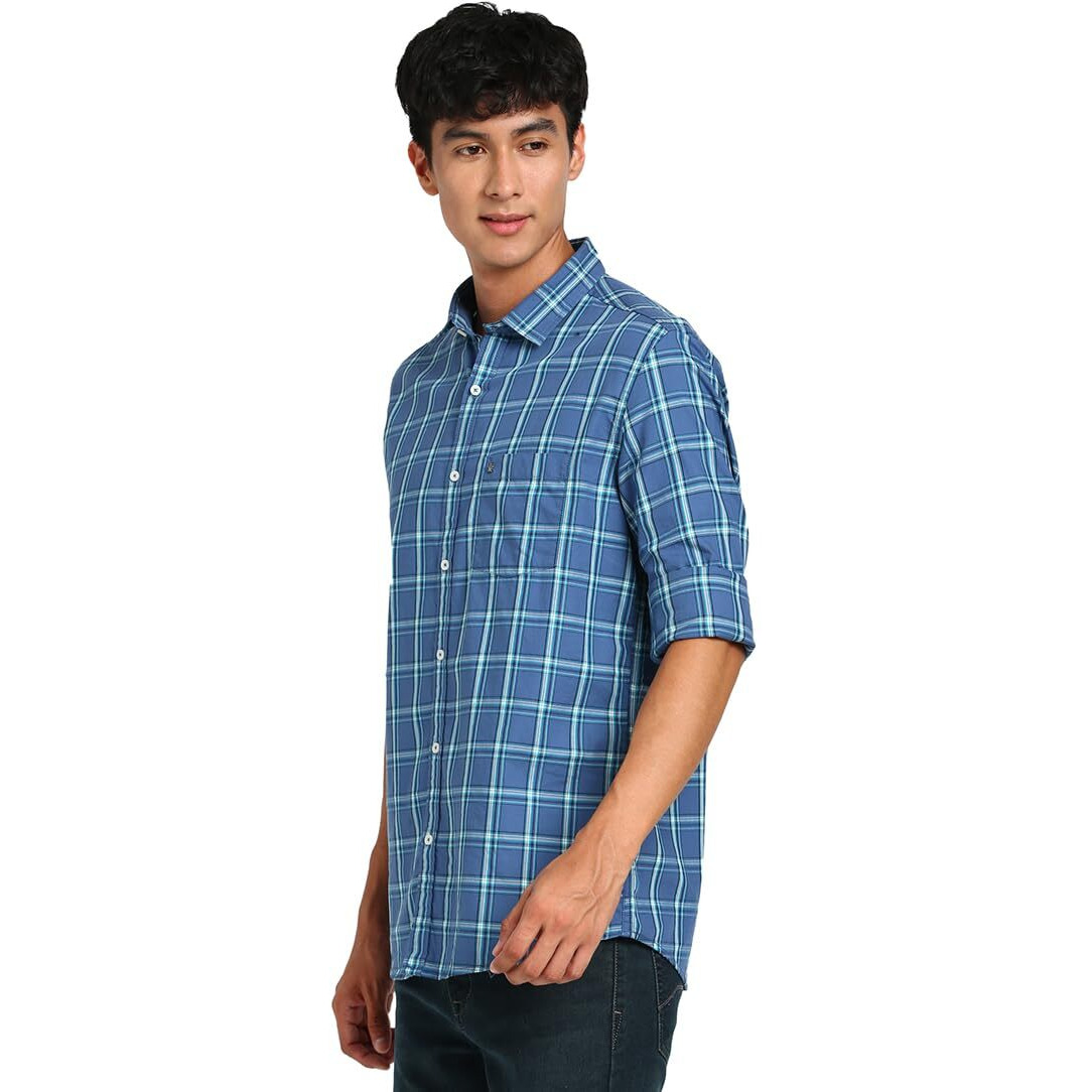 Turtle Men 100% Cotton Blue Check Slim Fit Casual Shirt
