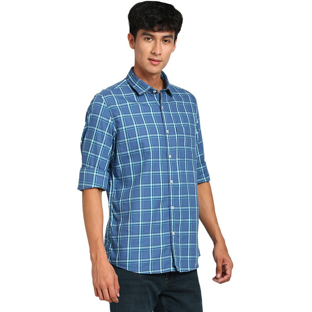 Turtle Men 100% Cotton Blue Check Slim Fit Casual Shirt