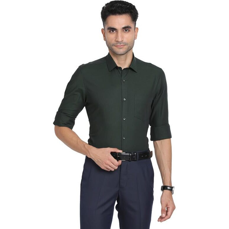 Turtle Men 100% Cotton Dark Green Dobby Slim Fit Full Sleeve Formal Shirt