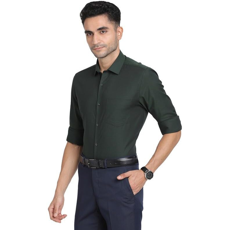 Turtle Men 100% Cotton Dark Green Dobby Slim Fit Full Sleeve Formal Shirt