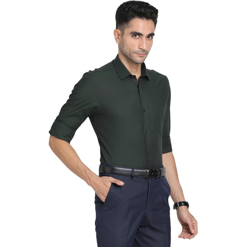 Turtle Men 100% Cotton Dark Green Dobby Slim Fit Full Sleeve Formal Shirt