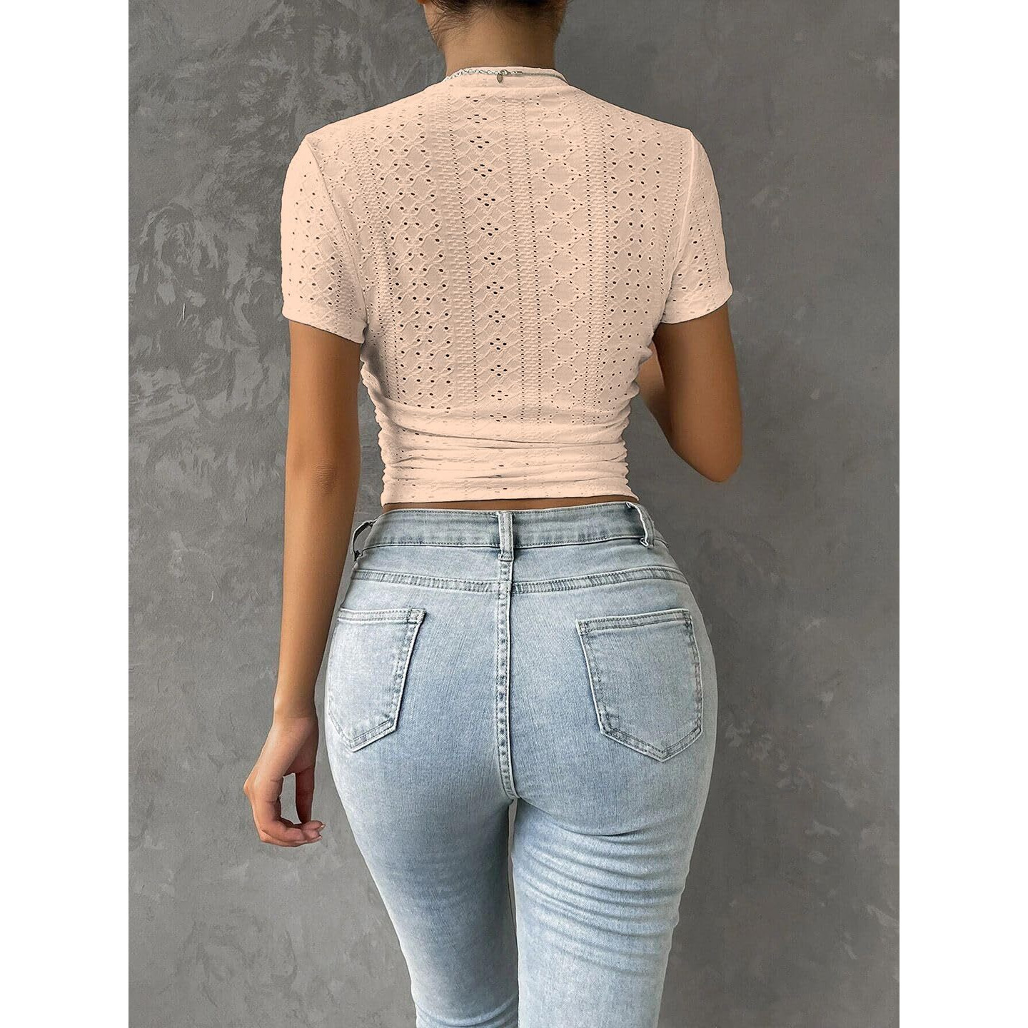 Sugathari Girl's & Women's Beige Casual Semitransparent Cropped High-Neck Lace Trim Ladies T-Shirt, Short Sleeve Schiffli Crop Top, Solid Color Tee For Spring/Summer Outfits (Crop Top 199 Beige-L)