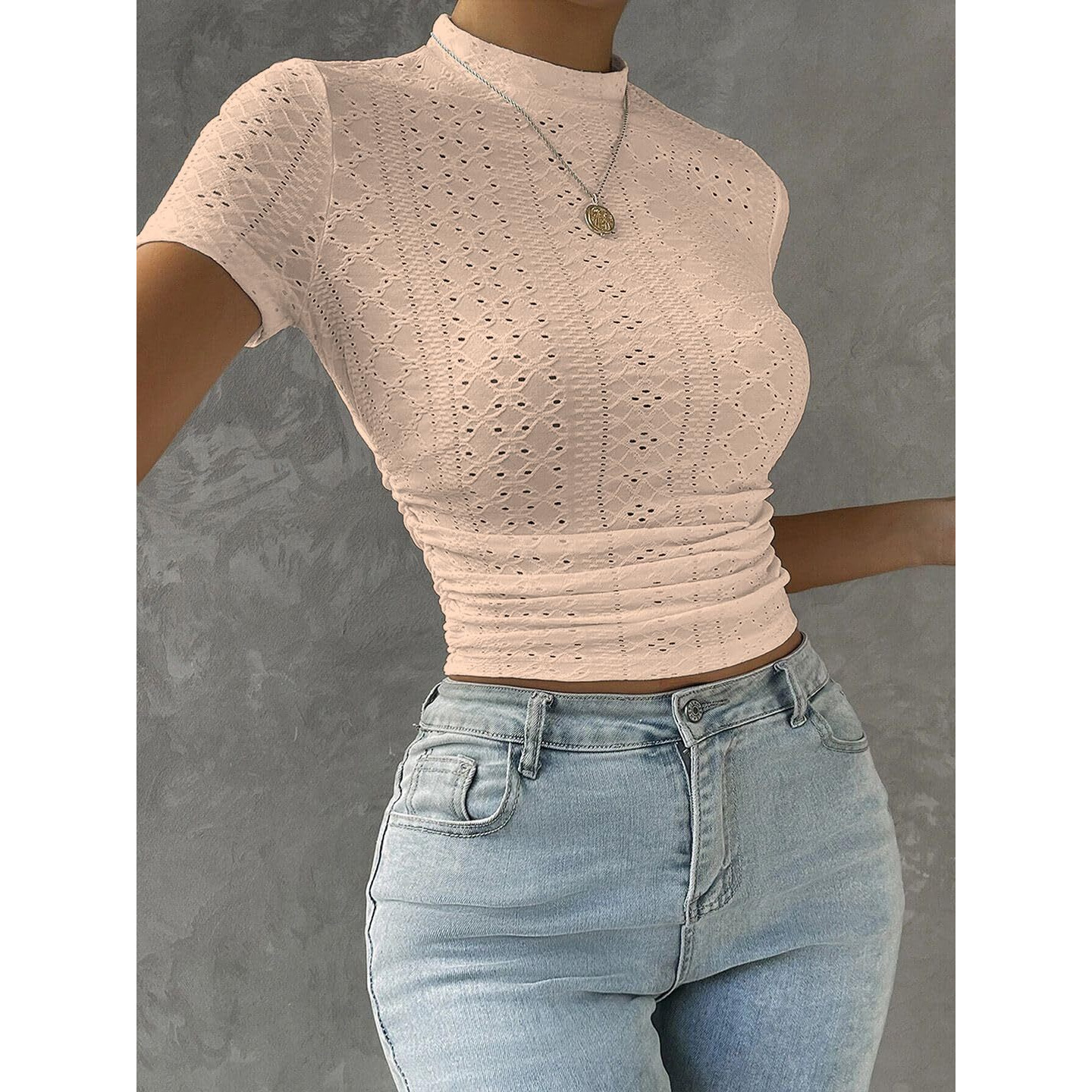 Sugathari Girl's & Women's Beige Casual Semitransparent Cropped High-Neck Lace Trim Ladies T-Shirt, Short Sleeve Schiffli Crop Top, Solid Color Tee For Spring/Summer Outfits (Crop Top 199 Beige-L)