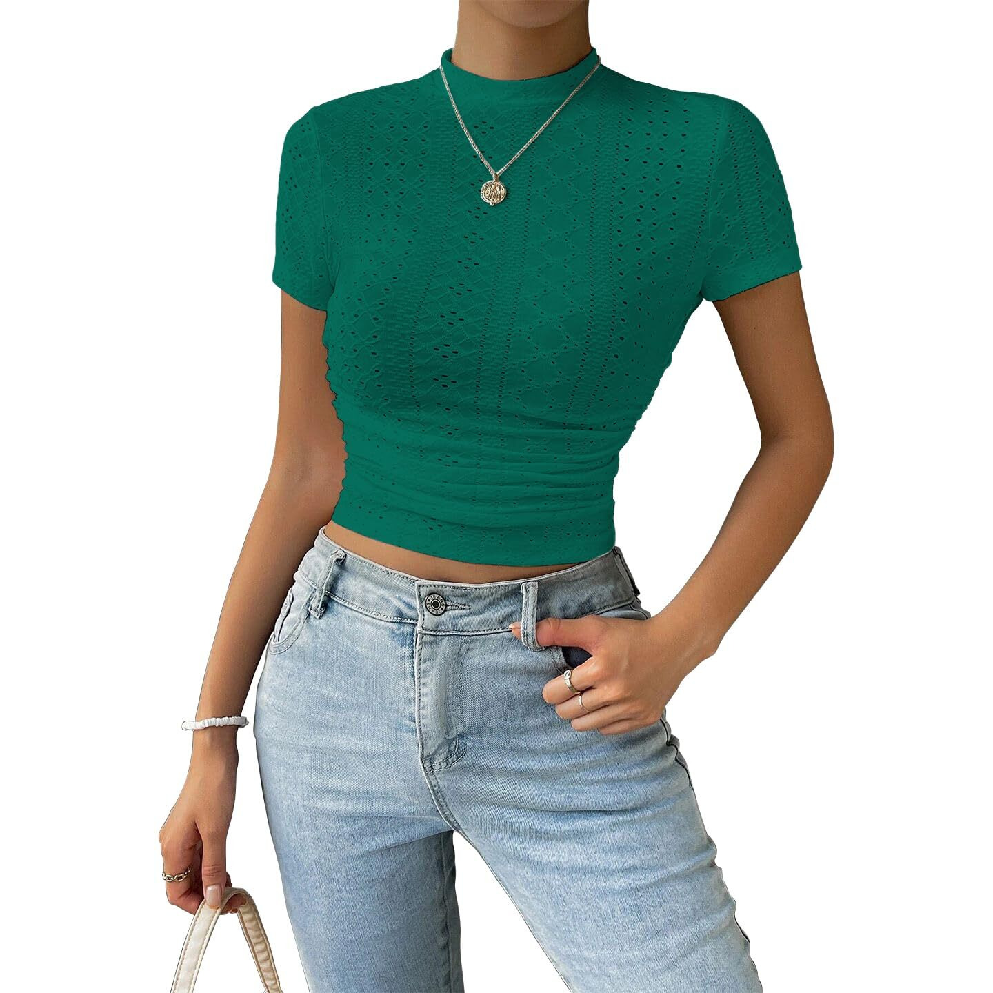 Sugathari Girl's & Women's Green Casual Semitransparent Cropped High-Neck Lace Trim Ladies T-Shirt, Short Sleeve Schiffli Crop Top, Solid Color Tee For Spring/Summer Outfits (Crop Top 199 Green-M)