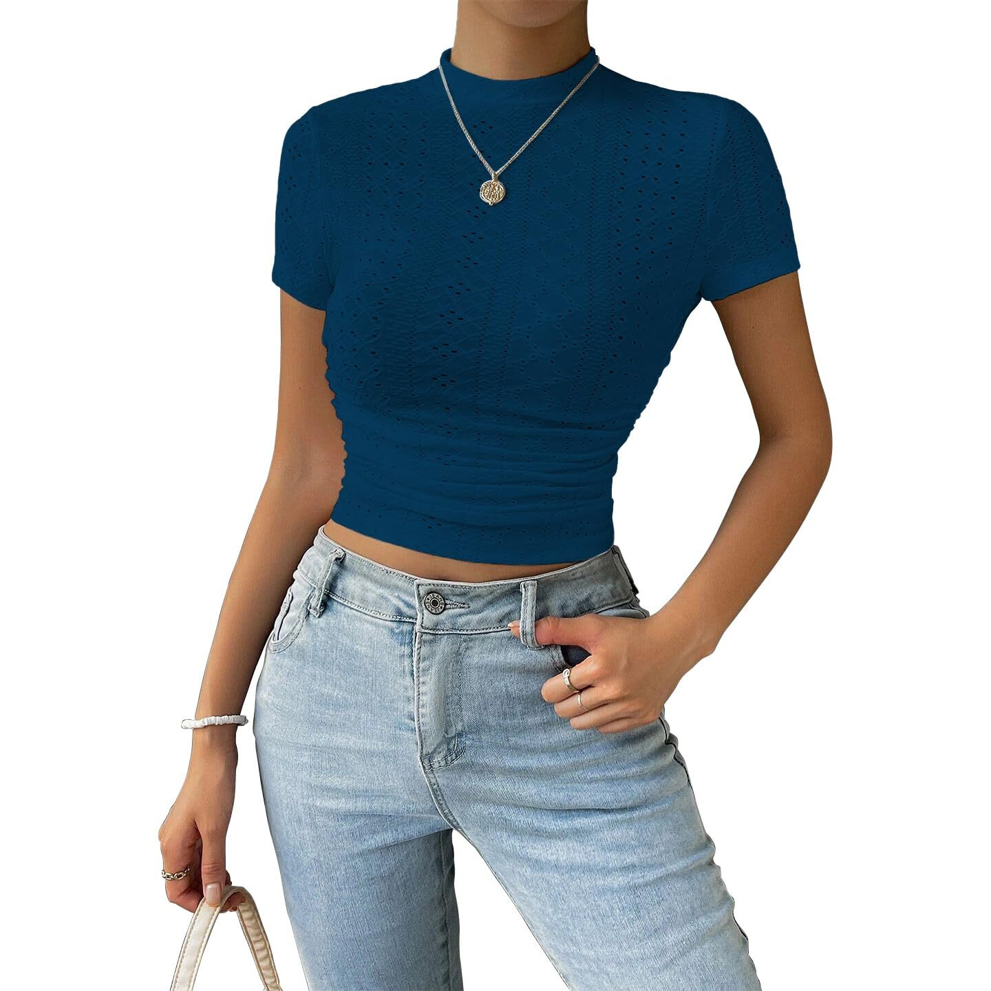 Sugathari Girl's & Women's Indigo Blue Casual Semitransparent Cropped High-Neck Lace Trim Ladies T-Shirt, Short Sleeve Schiffli Crop Top, Solid Tee For Fashion Outfits (Crop Top 199 Indigo Blue-Xs)
