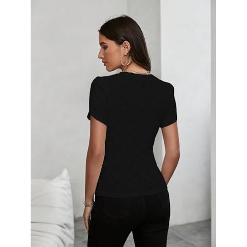 Sugathari Girl's & Women's Black Eyelet Embroidery Knitted V Neck Casual Slim Fit Women T-Shirt, Short Sleeve Schiffli Crop Top, Solid Color Tee For Spring/Summer Outfits (T-Shirts 202 Black-2Xl)