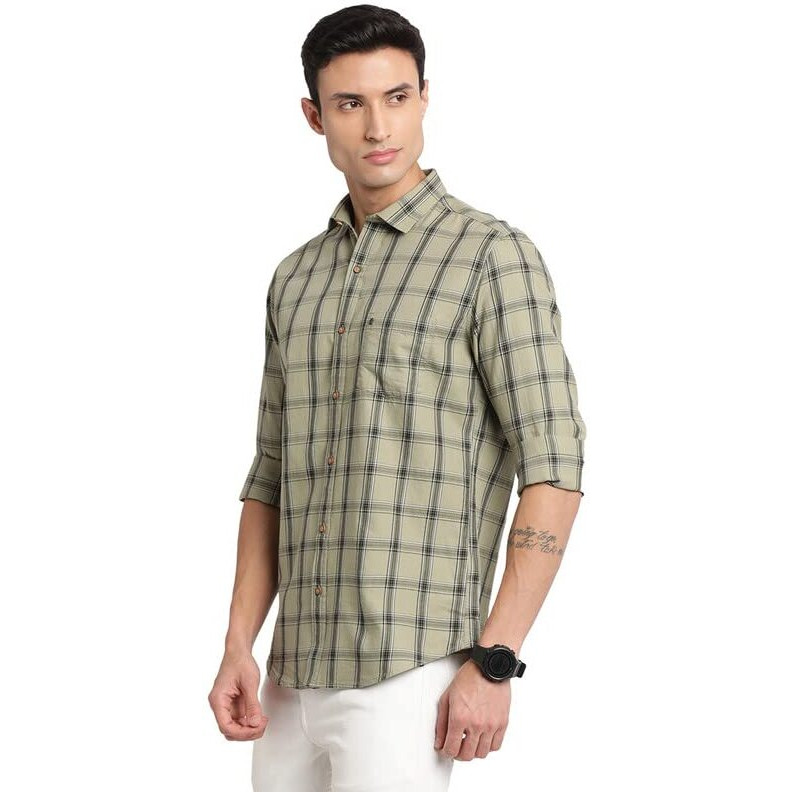 Turtle Men 100% Cotton Green Checkered Slim Fit Full Sleeve Casual Shirt