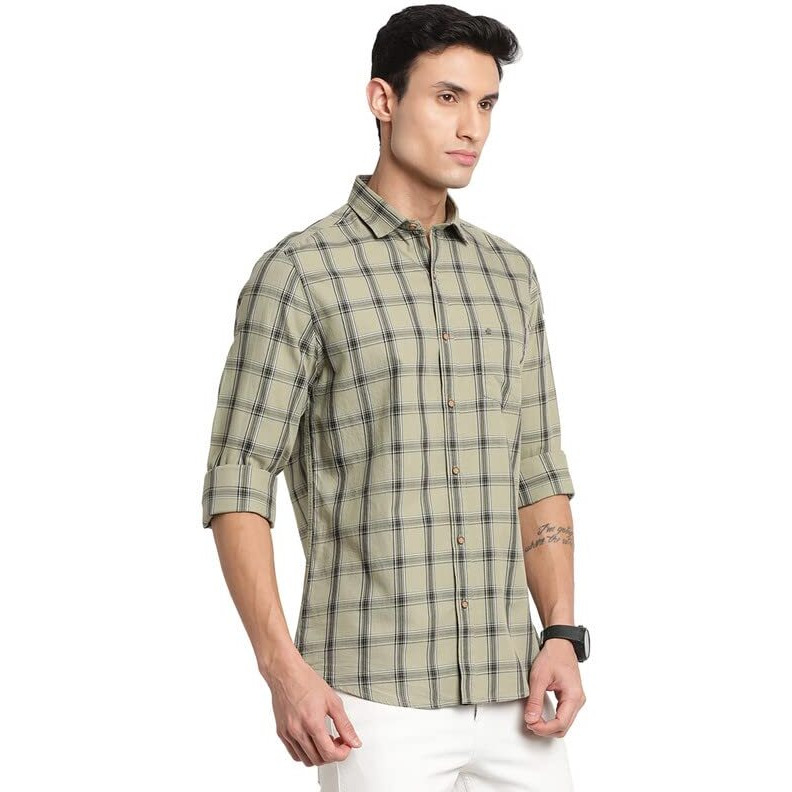 Turtle Men 100% Cotton Green Checkered Slim Fit Full Sleeve Casual Shirt