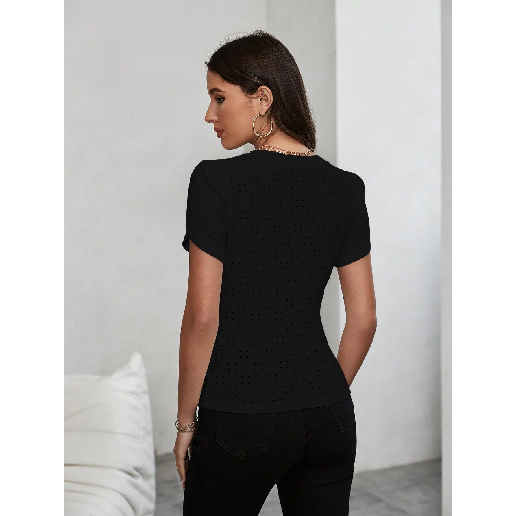 Sugathari Girl's & Women's Black Eyelet Embroidery Knitted V Neck Casual Slim Fit Women T-Shirt, Short Sleeve Schiffli Crop Top, Solid Color Tee For Spring/Summer Outfits (T-Shirts 202 Black-M)