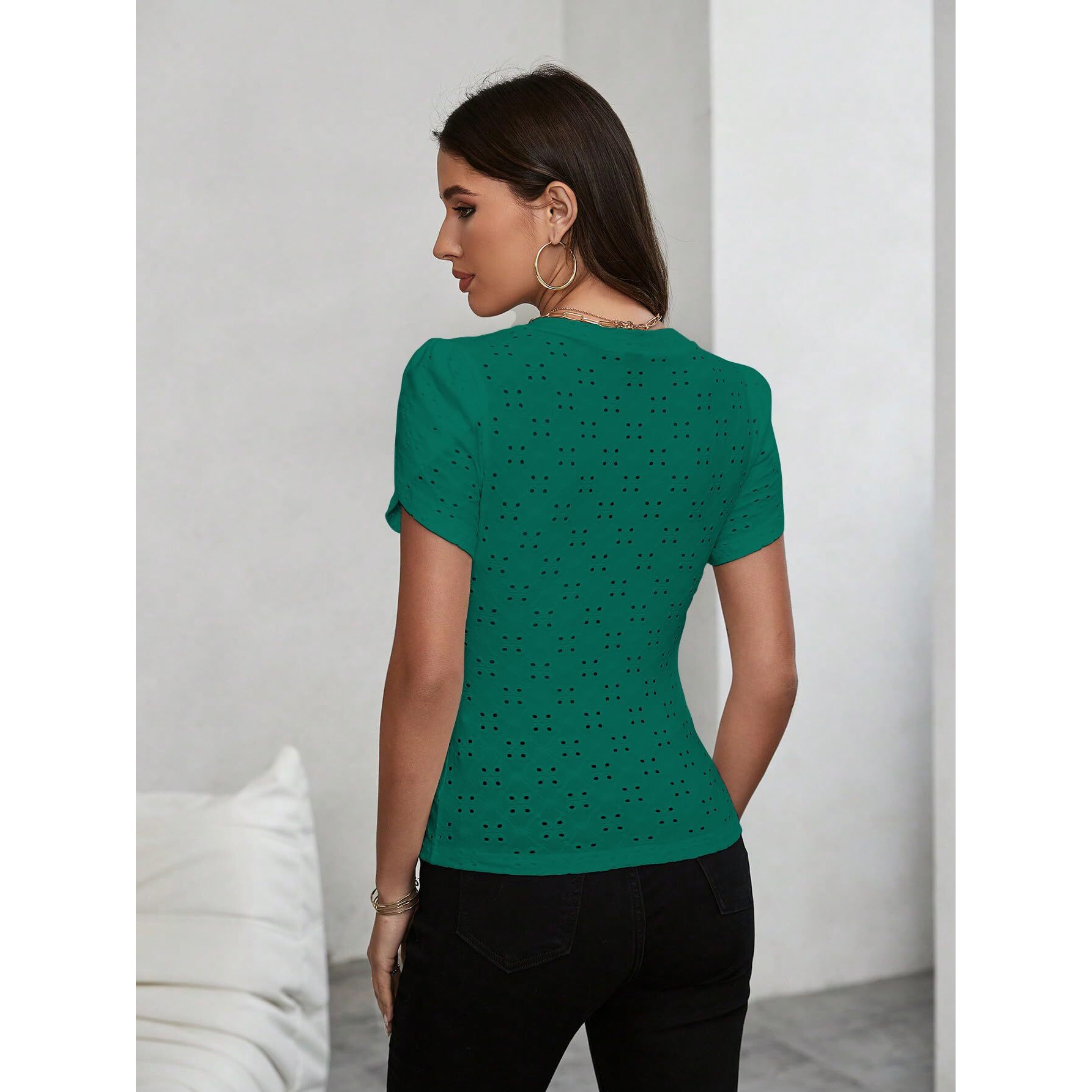 Sugathari Girl's & Women's Green Eyelet Embroidery Knitted V Neck Casual Slim Fit Women T-Shirt, Short Sleeve Schiffli Crop Top, Solid Color Tee For Spring/Summer Outfits (T-Shirts 202 Green-Xl)