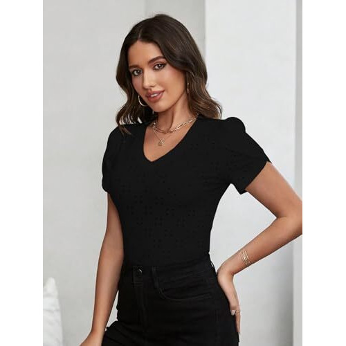Sugathari Girl's & Women's Black Eyelet Embroidery Knitted V Neck Casual Slim Fit Women T-Shirt, Short Sleeve Schiffli Crop Top, Solid Color Tee For Spring/Summer Outfits (T-Shirts 202 Black-S)