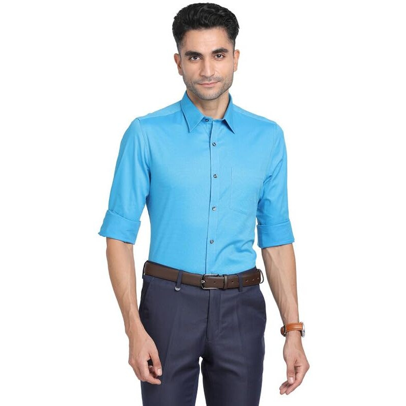Turtle Men 100% Cotton Blue Dobby Slim Fit Full Sleeve Formal Shirt