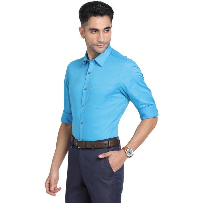 Turtle Men 100% Cotton Blue Dobby Slim Fit Full Sleeve Formal Shirt