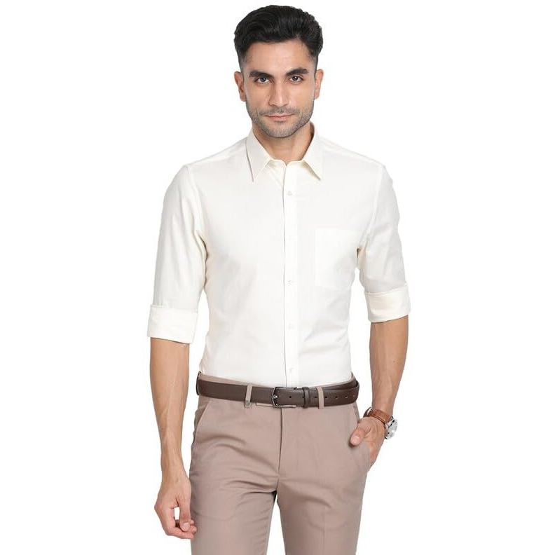 Turtle Men 100% Cotton Cream Dobby Slim Fit Full Sleeve Formal Shirt