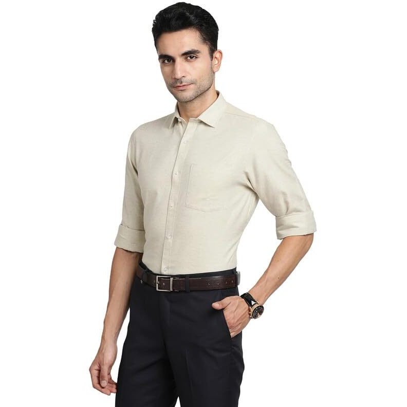 Turtle Men 100% Cotton Beige Solid Slim Fit Formal Shirts