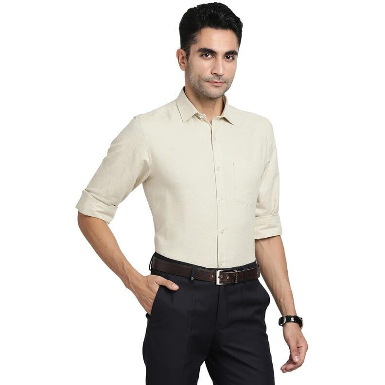Turtle Men 100% Cotton Beige Solid Slim Fit Formal Shirts