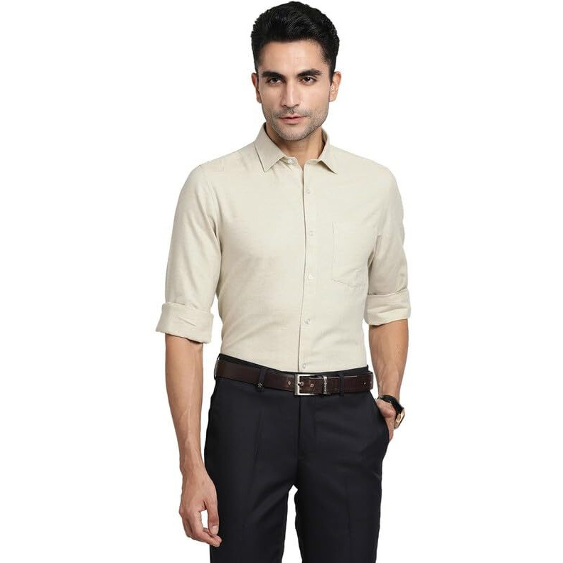 Turtle Men 100% Cotton Beige Solid Slim Fit Formal Shirts
