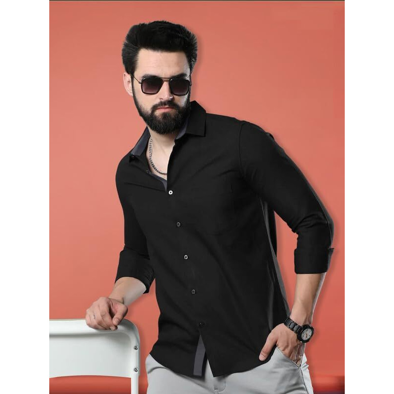 Tee Projekt Men's Solid Slim Fit Casual Shirt, Full Sleeve Shirt For Casual Wear & Formal Wear Gift For Father,Boys Black