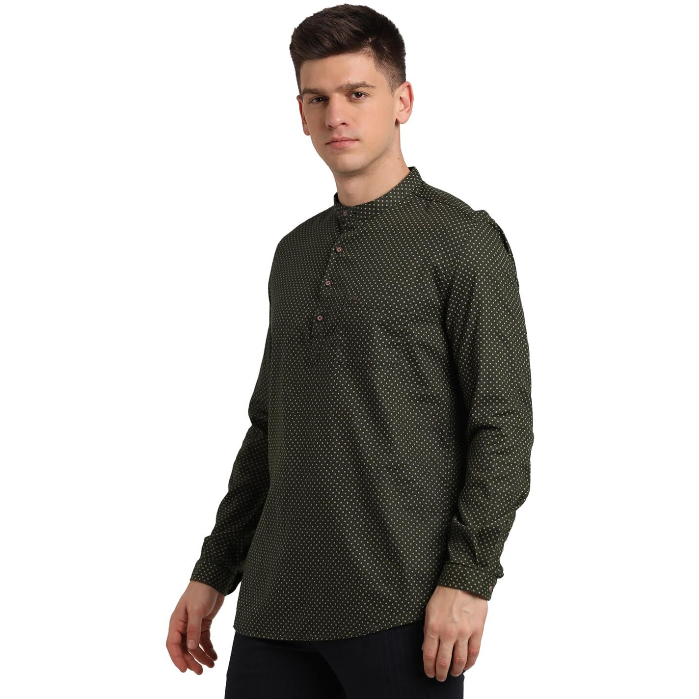 Turtle Men 100% Cotton Dark Green Printed Slim Fit Casual Kurta Shirt