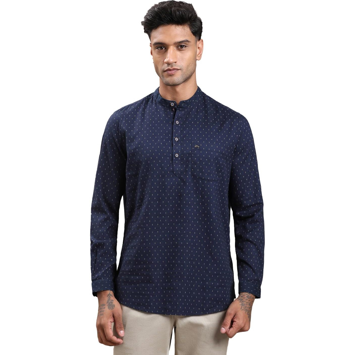 Turtle Men 100% Cotton Blue Printed Slim Fit Casual Kurta Shirt