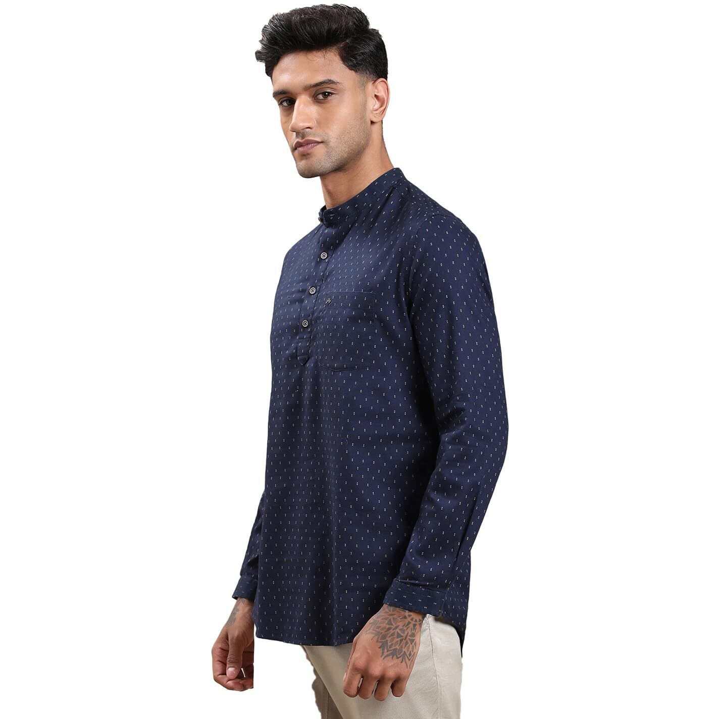 Turtle Men 100% Cotton Blue Printed Slim Fit Casual Kurta Shirt