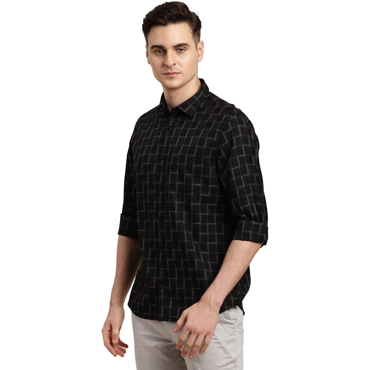 Turtle Men 100% Cotton Black Check Slim Fit Casual Shirt