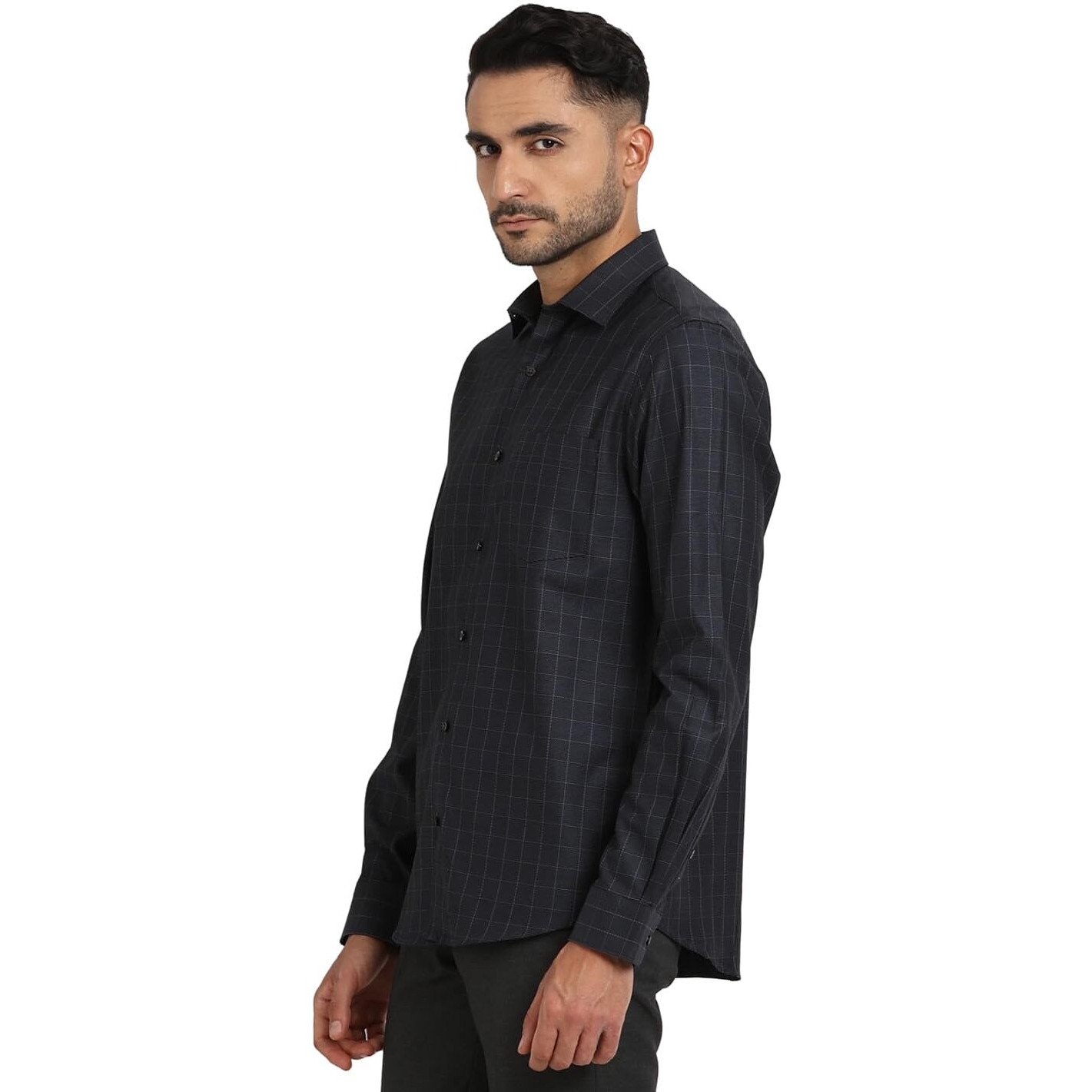 Turtle Men 100% Cotton Charcoal Checkered Slim Fit Full Sleeve Formal Shirt
