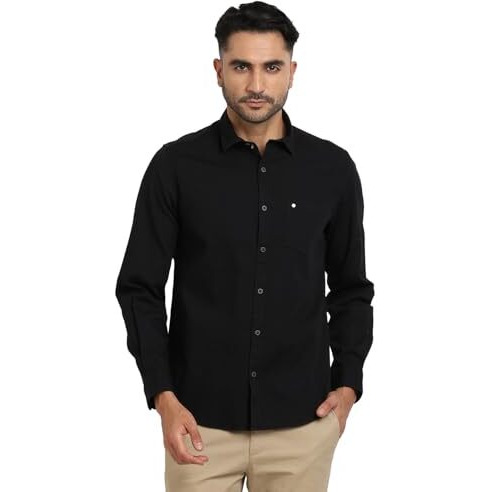 Turtle Men 100% Cotton Black Self Design Slim Fit Casual Shirt